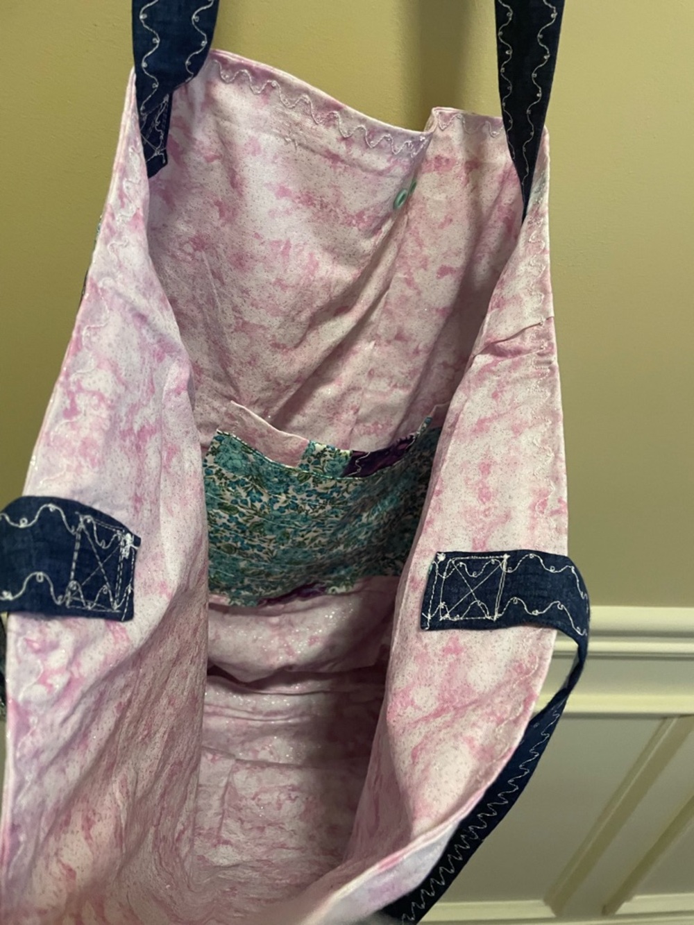 Handmade Patchwork Tote Bag in Navy, Purple, Pink - Picture 6 of 7